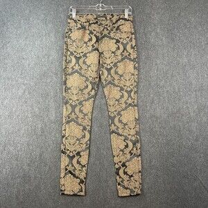 7 For All Mankind Skinny Satin JACQUARD Zip Fly Leggings Size 26 EUC Black Gold